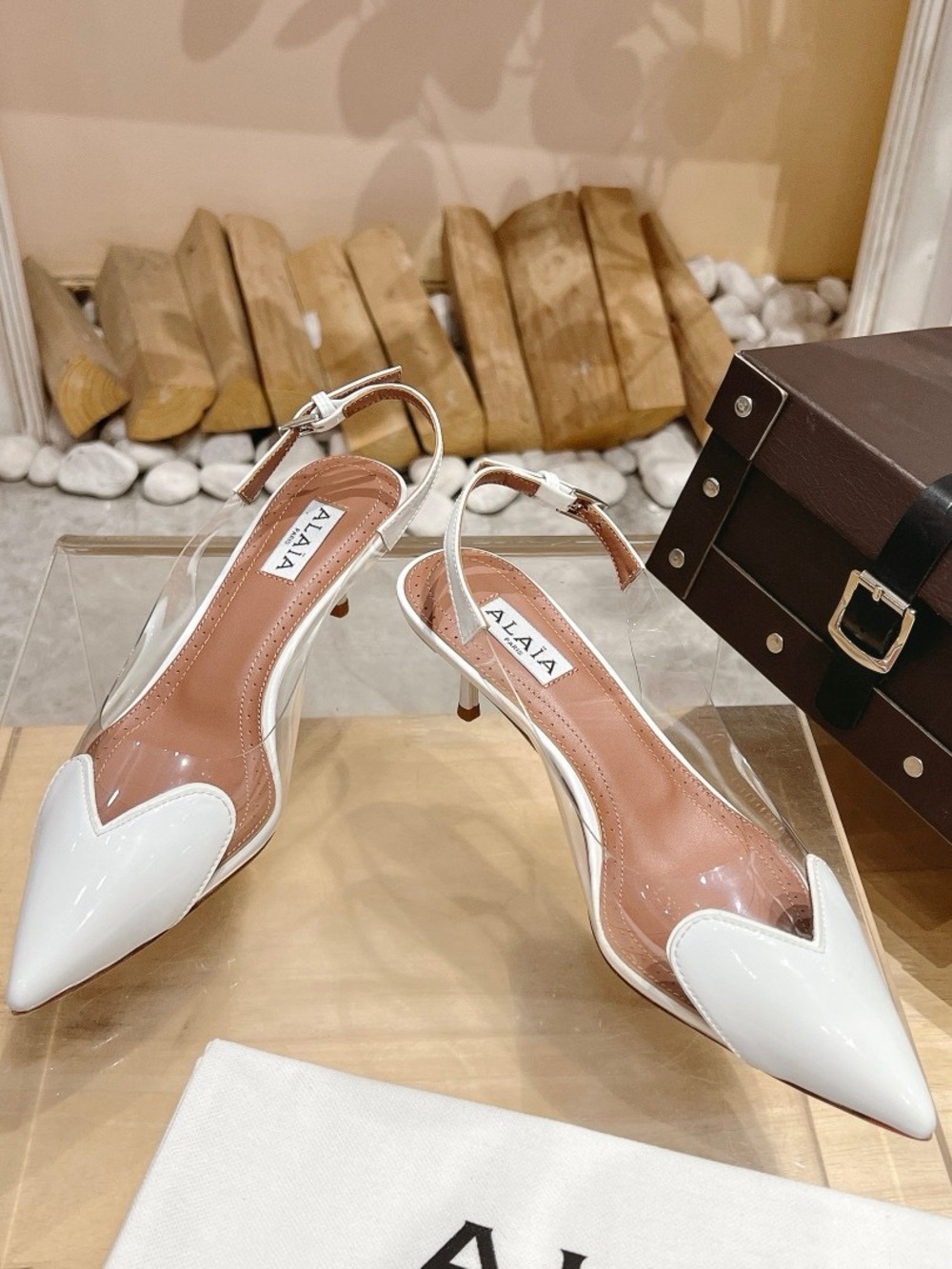 Alaia White Pointed Patent Slingback Kitten Heels with Clear Panels